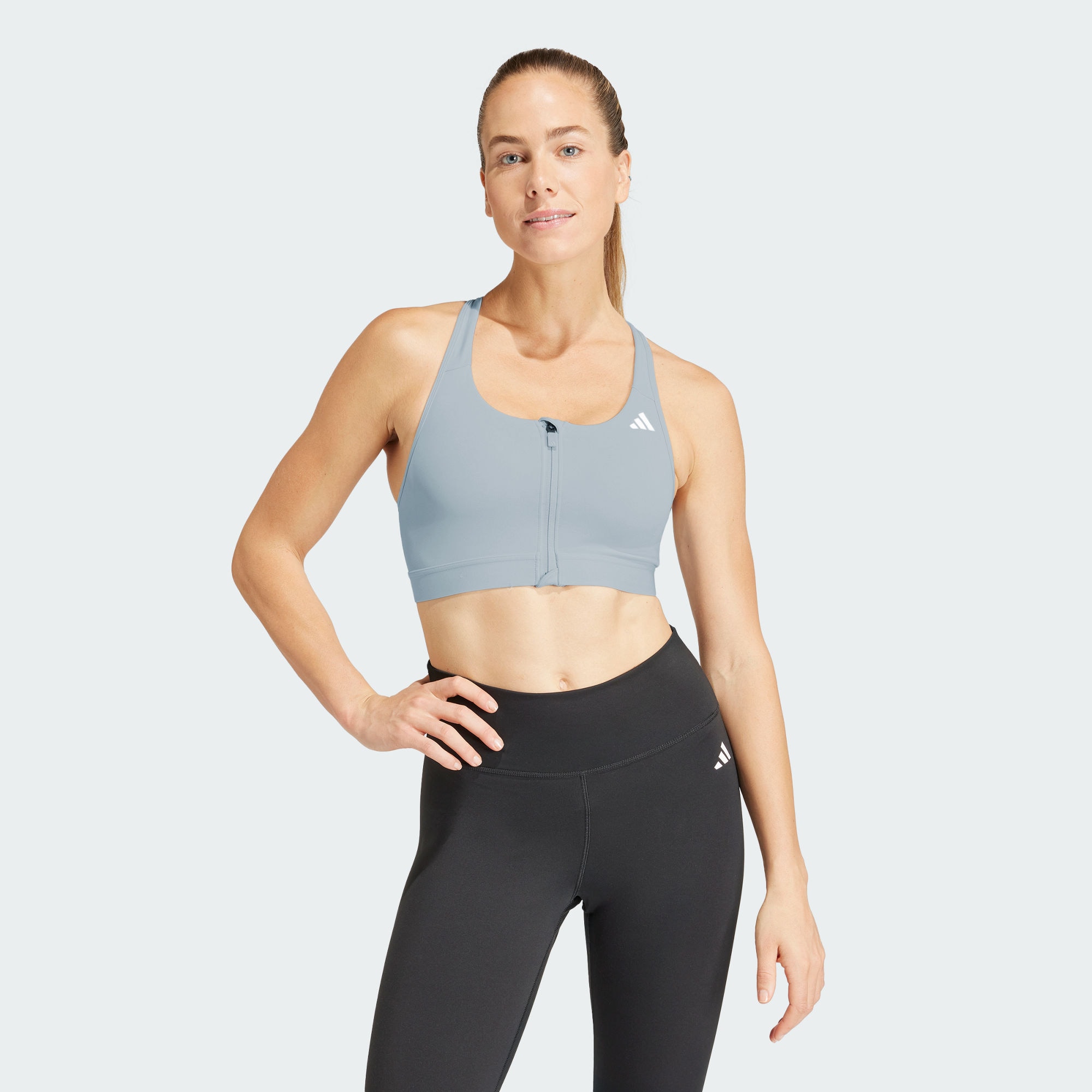 Женский топ adidas POWERREACT MEDIUM-SUPPORT ZIP BRA голубой